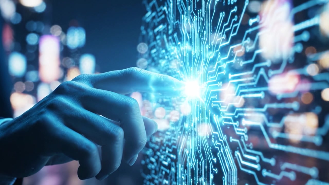 A Futuristic Interaction with Urban Technology: Illuminated Hands Engaging with a Digital Interface Against a Vibrant City Background