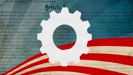 Animation-of-spinning-white-cog-over-constitution-text-and-american-flag