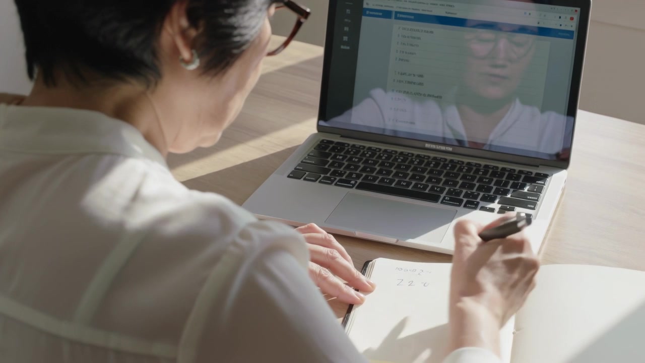 Writing woman in white blouse prompted by laptop at desk with notebook, pen, sunlight, copy space