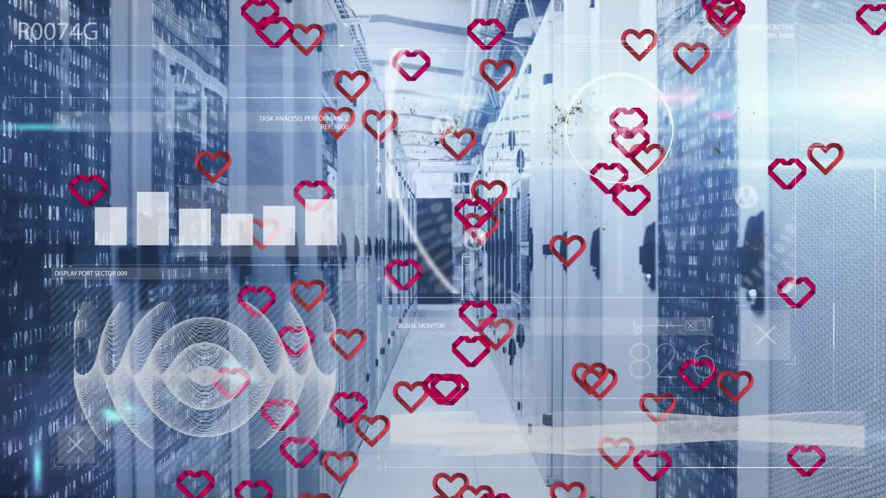 Red hearts appearing, multiplying and rising over server aisle while HUD shifting, showing health