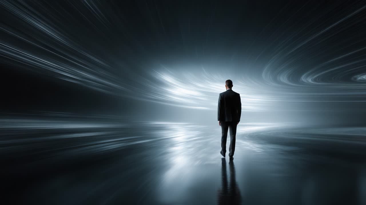 A solitary figure walks into the breathtaking expanse of a swirling, ethereal light, symbolizing the journey into the unknown and the mysteries of existence