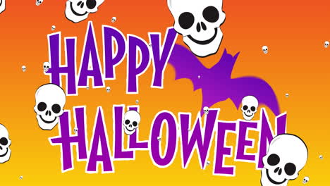 animación de saludos de halloween y calaveras moviéndose sobre un fondo naranja con árboles