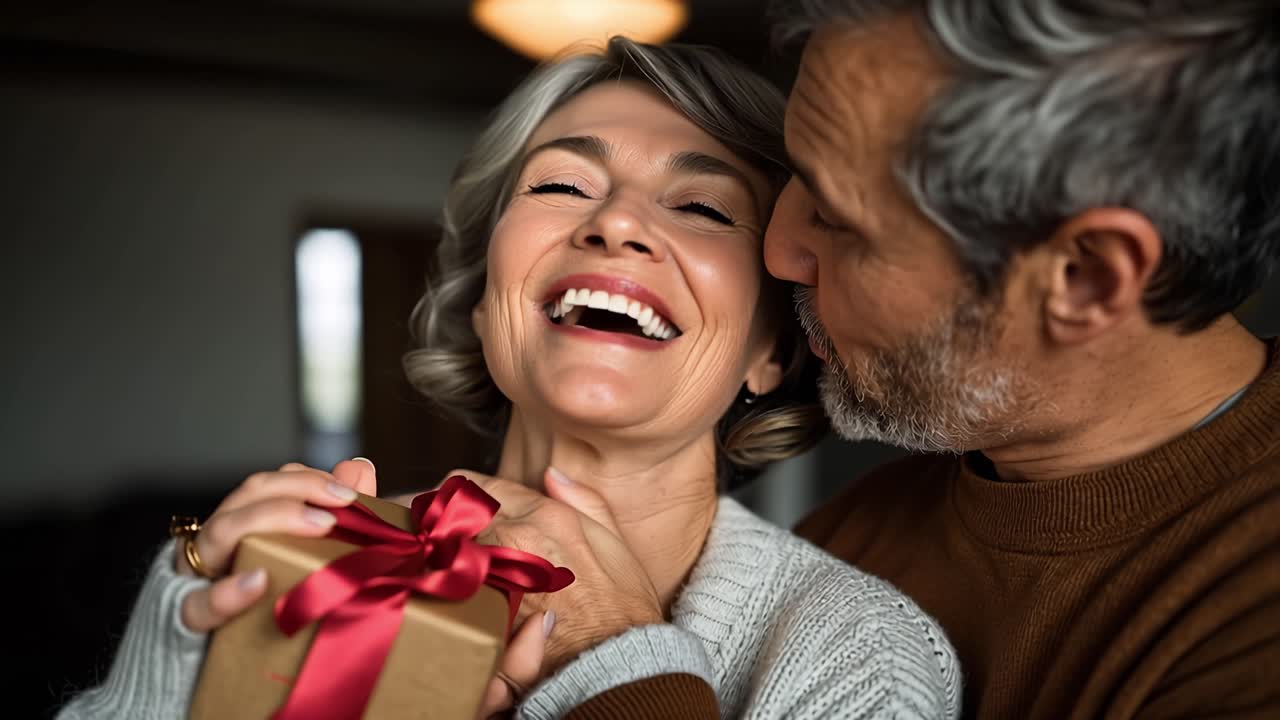Warm smile meets a tender kiss. Silver hair glows with joy and affection. Red ribbon accents a gift's charm. Soft light frames a quiet, loving moment. Ideal for romantic, holiday, or family scenes