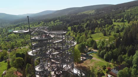 Aerial-orbit-over-the-sky-walk-observation-tower-in-Sudety-mountains