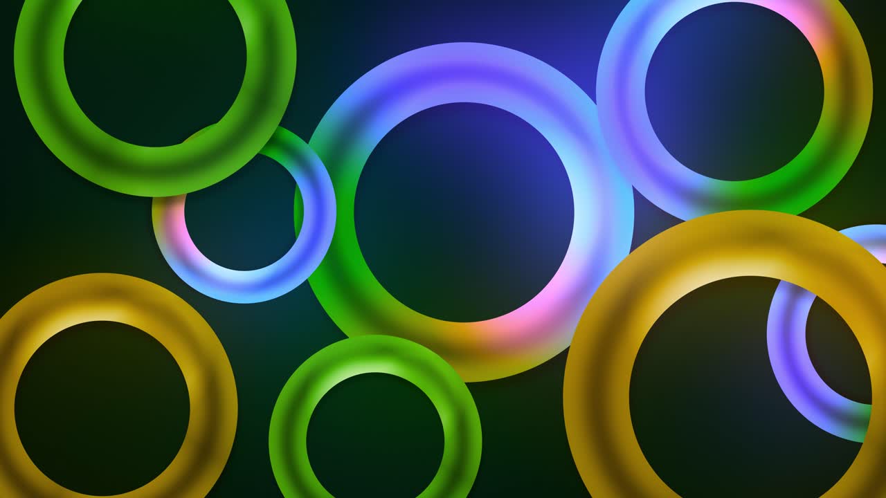 Floating circular multicolour glowing neon 3D torus loop rings on a dark gradient background creating vivid visual shapes vibrant abstract elements dynamic motion graphic animations green gold blue