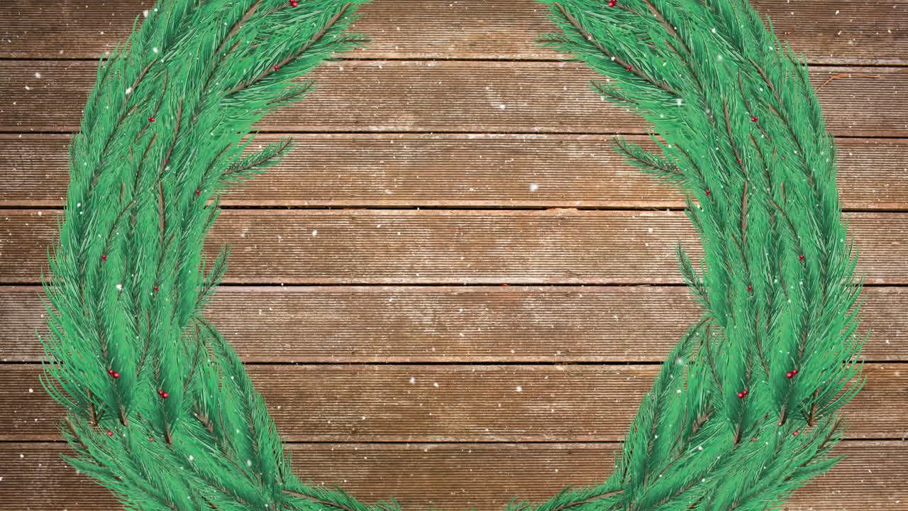 Animation of snow falling over fir tree wreath with copy space on wooden boards