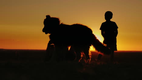 Zwei-Ländliche-Jungs-Spielen-Bei-Sonnenuntergang-Mit-Ihrem-Lieblingshund