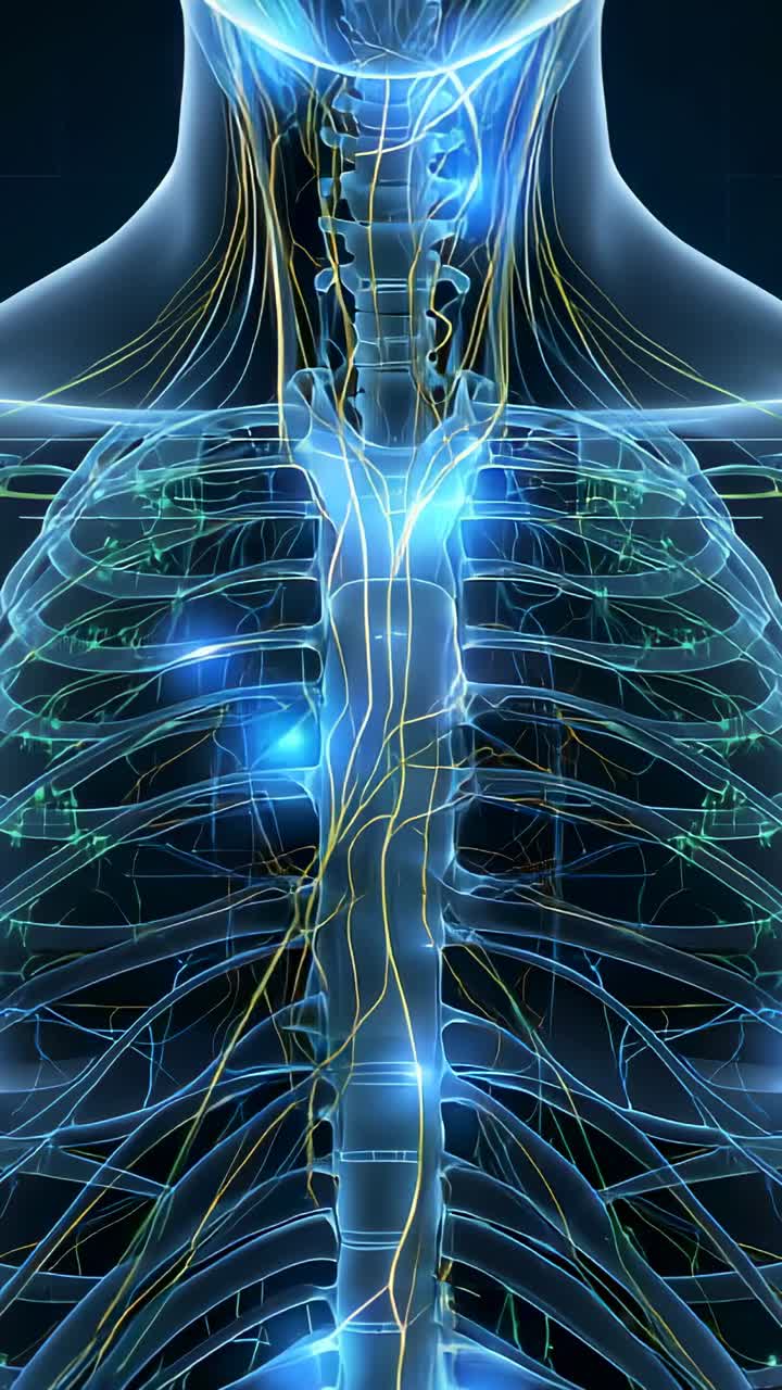 Vertical video: Animating spinal cord sending blue pulses along yellow nerves to show flow in 3D