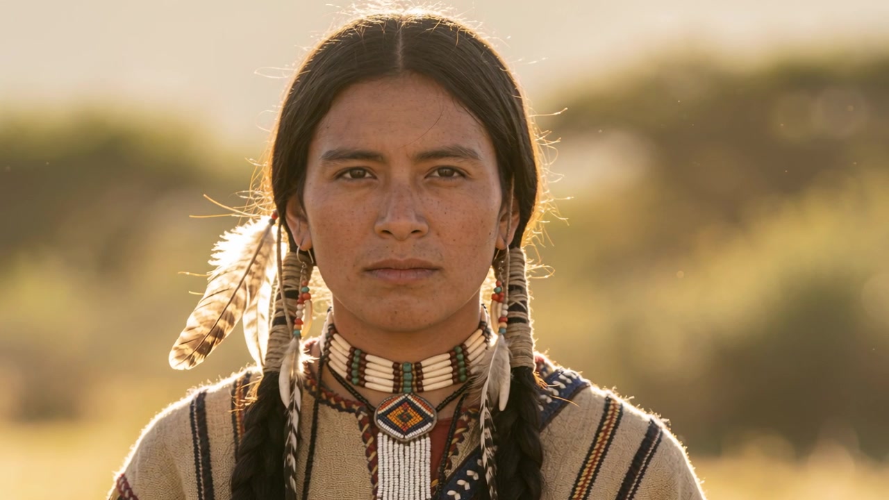Indigener Mann in traditioneller Tracht, der auf einer weiten Ebene den Blick fixiert, während eine leichte Brise seine Feder anhebt und die Sonne ihn wärmt.