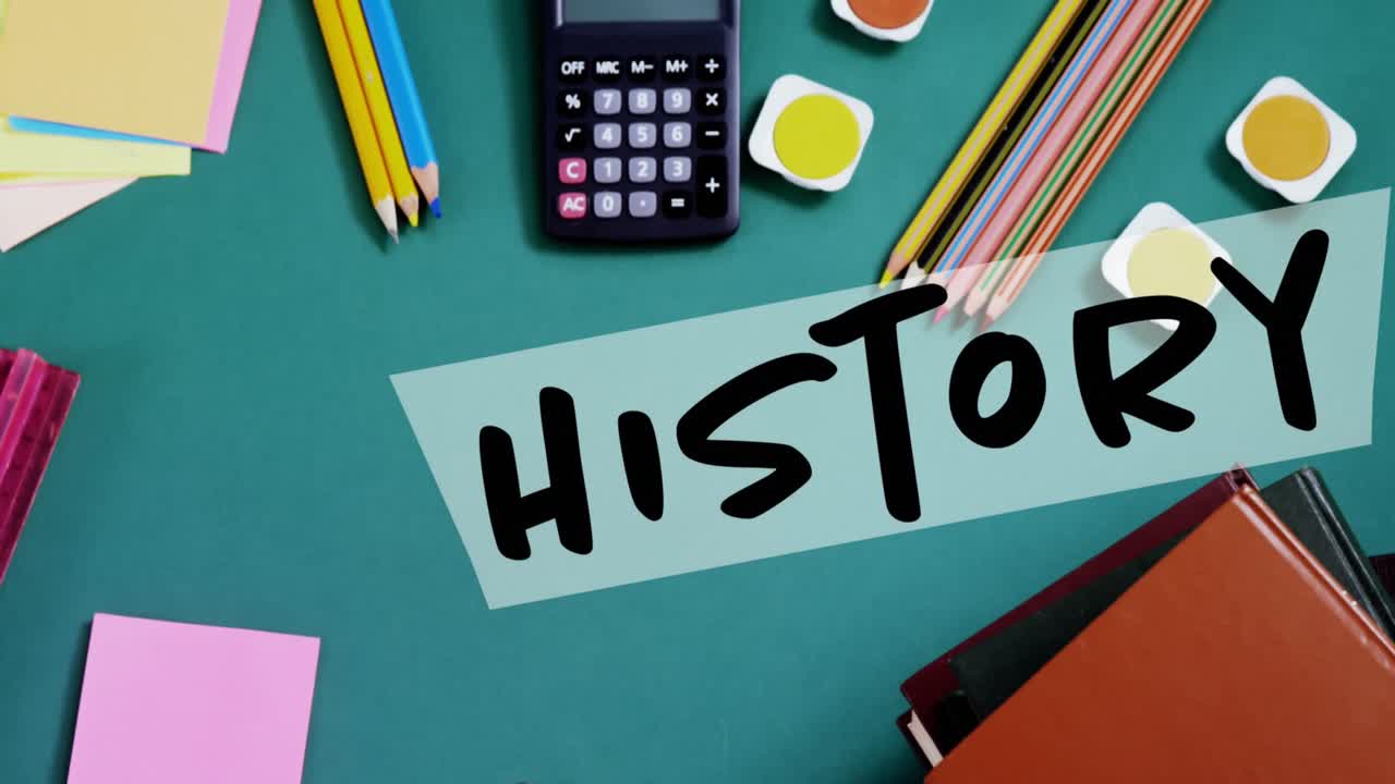 녹색 배경에 역사 교과서와 학교 아이템의 애니메이션