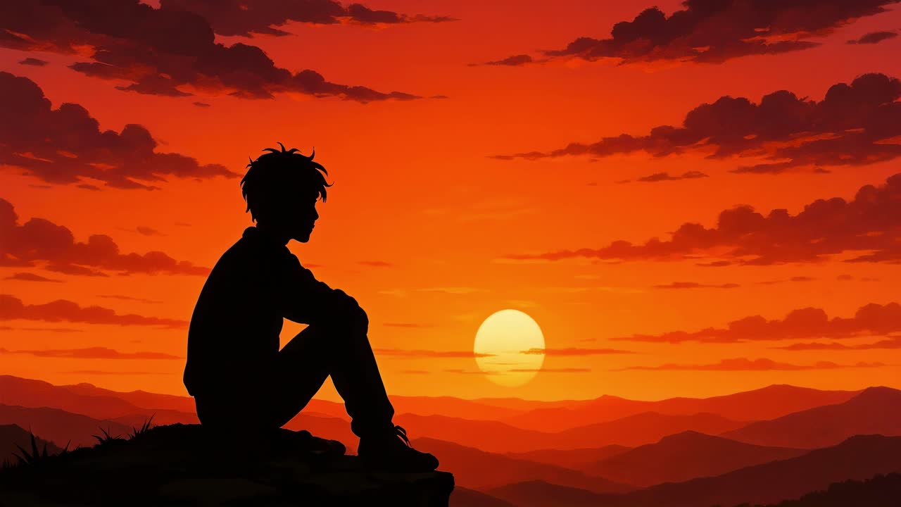 Silhouette of a person sitting on a hill at sunset, viewed from the side