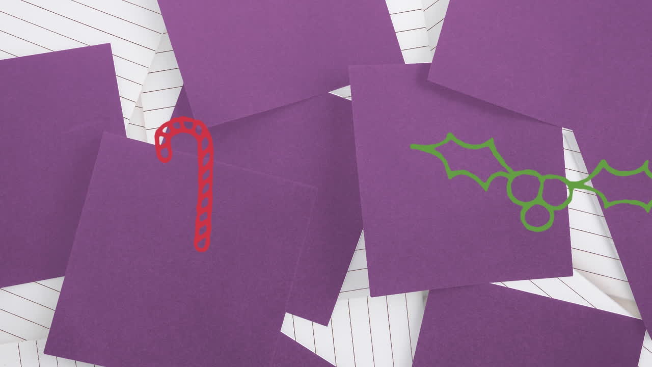 Animation of hand drawing christmas decorations on purple paper background