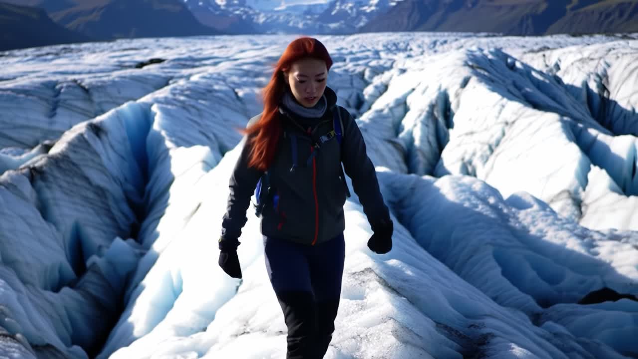 A woman treks over the stunning ice formations of a glacier in Iceland, surrounded by awe-inspiring natural landscapes under a clear blue sky.