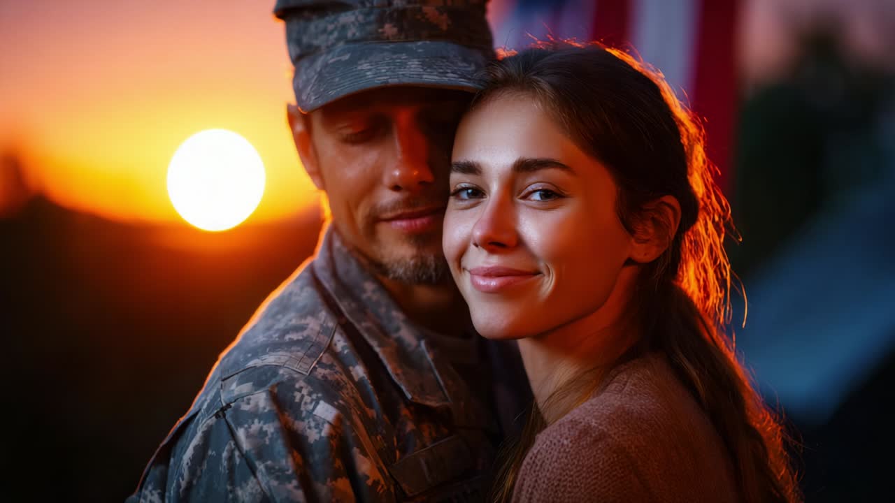 A Heartwarming Moment Captured: A Soldier Embracing a Loved One Against a Beautiful Sunset Background, Symbolizing Love, Support, and Unity in Key Times of Service and Sacrifice