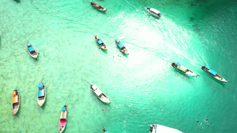 thai long-tail boats for tourist passengers in maya bay, aerial tilting downward