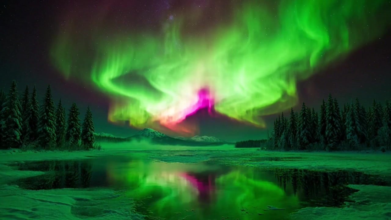 Vivace Aurora Boreale che danza su un lago ghiacciato e una foresta
