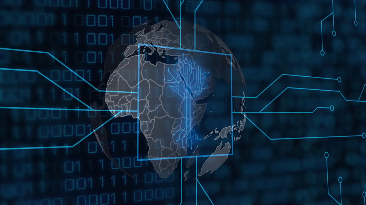 Animation of computer circuit board with binary coding, globe and data processing
