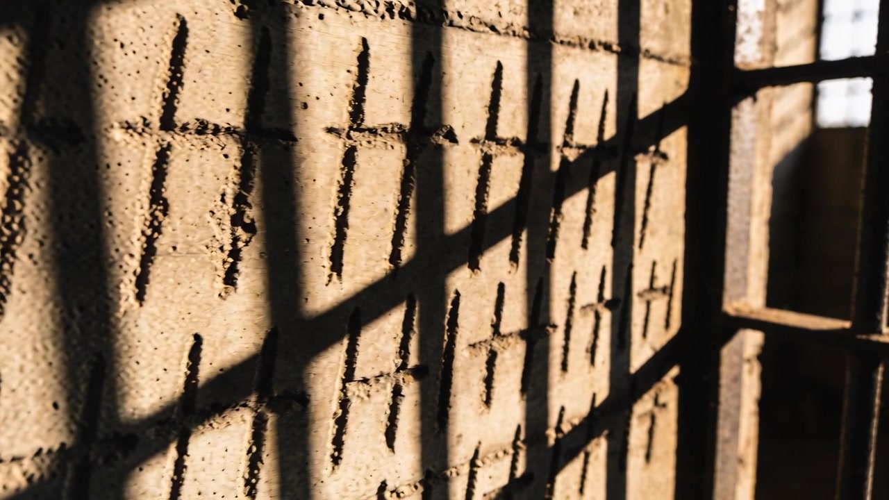 Camera moving closer to block wall indoors as sunlight casting grill shadow, showing carved marks