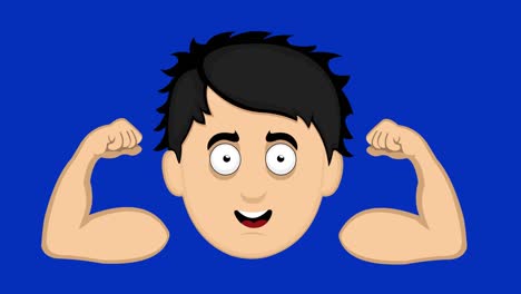 loop animation of the face of a young cartoon man, flexing his arms and contracting his biceps