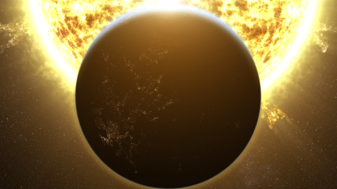 태양을 지나가는 지구의 매혹적인 모션 그래픽 영상으로 태양의 빛을 부분적으로 가려버리는 일식이 발생합니다.