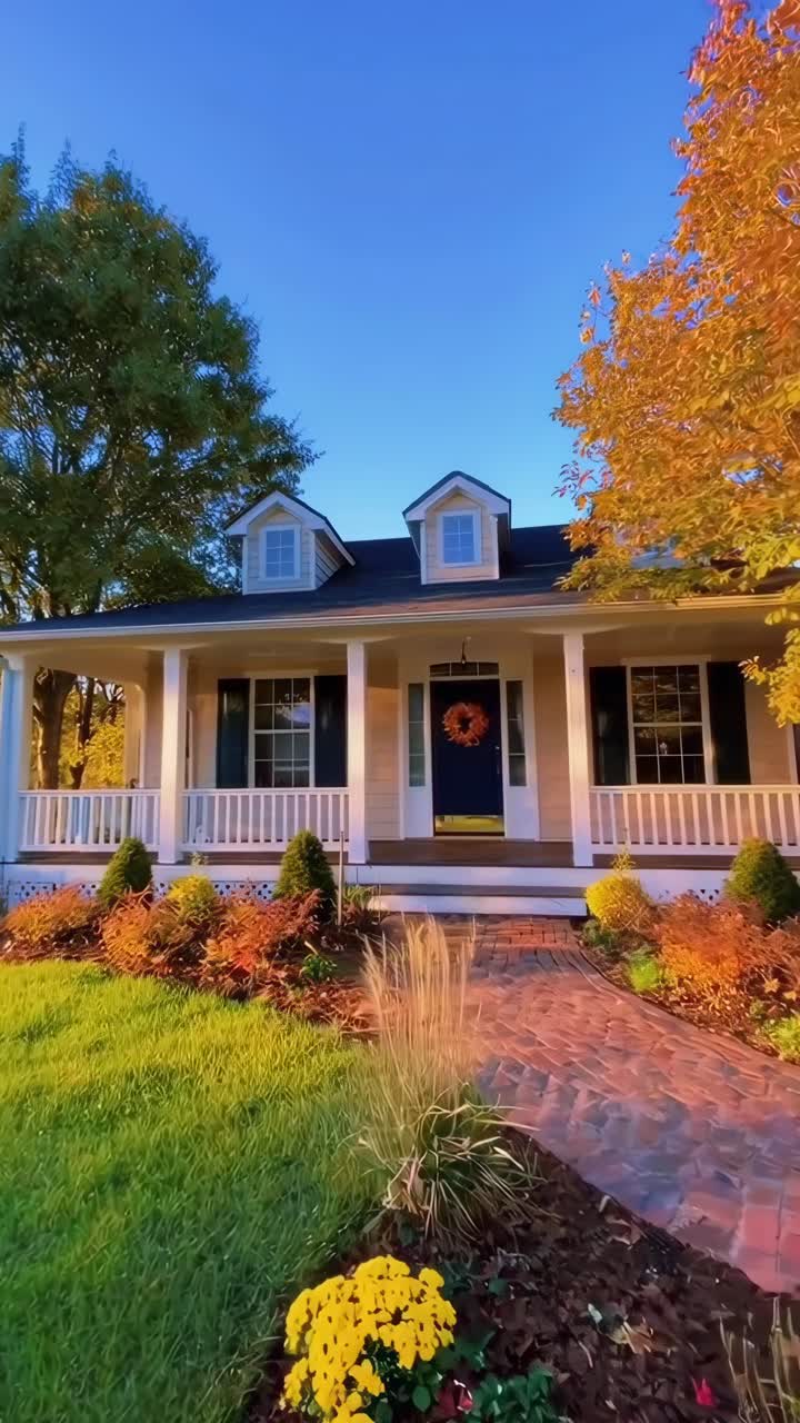 Casa charmosa com decoração de outono, capturada em um vídeo em ângulo baixo, destacando a folhagem vibrante