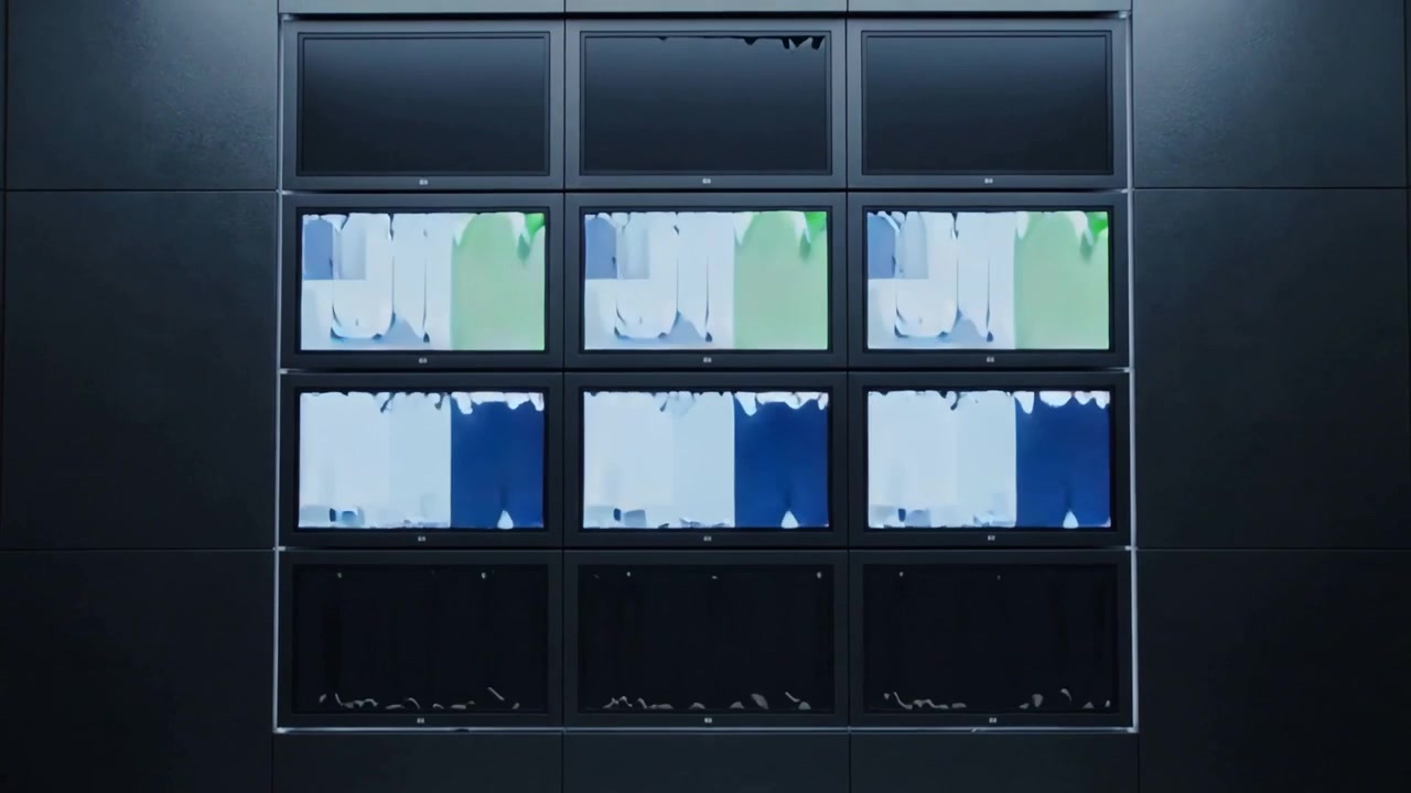 Receiving signal, mounted monitor array displaying expanding glitches in dim facility, cyan smear