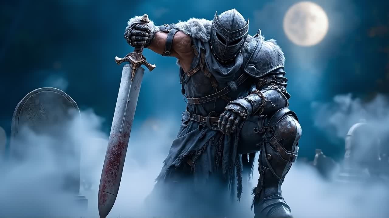 A man in armor holding a sword in front of a graveyard