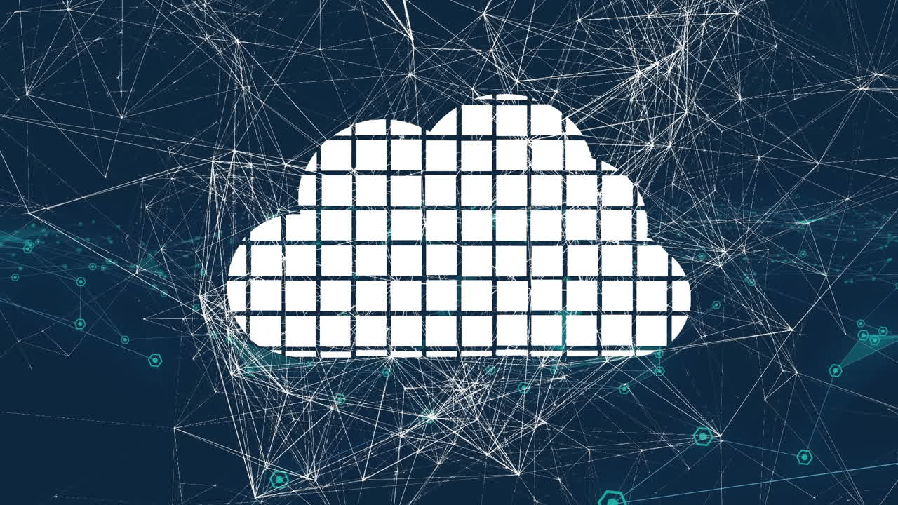 Animation of network of connections with white cloud icon over blue background