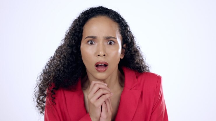 Omg, surprise and woman face in studio with wow