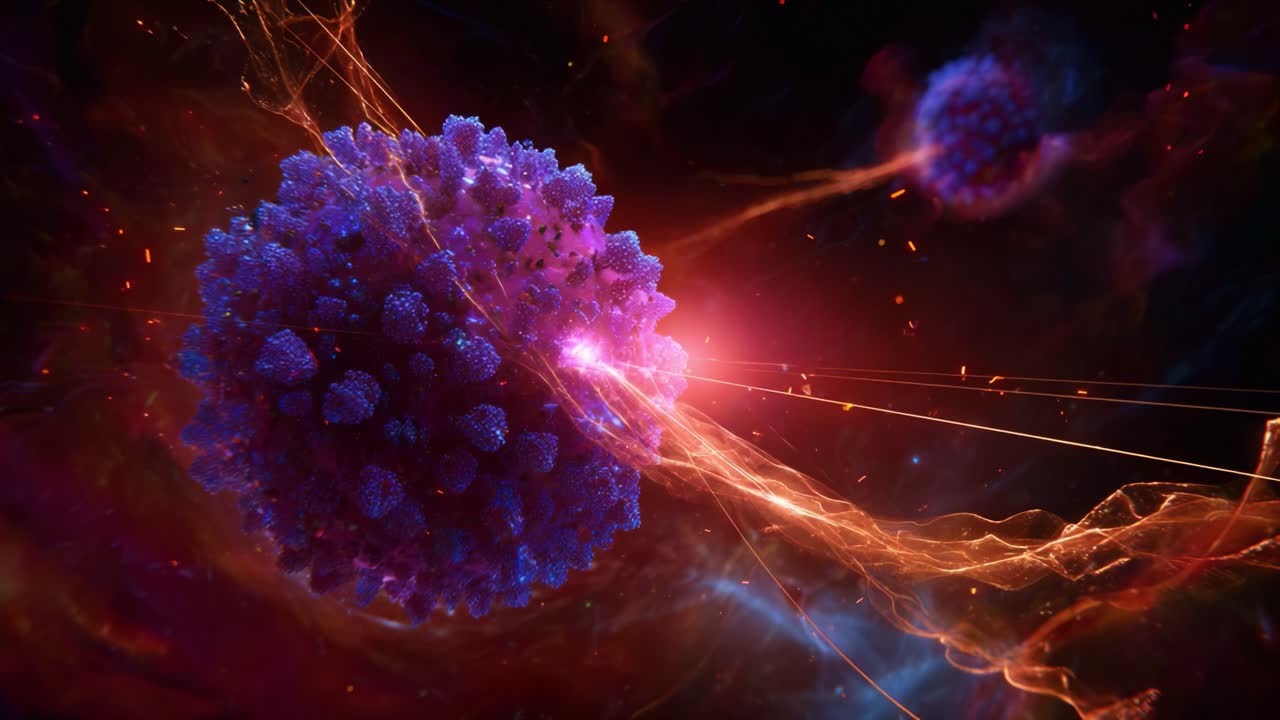 Stunning Visualization of a Virus in Action: Dynamic Representation of Cellular Interaction and Microscopic Phenomena Amid Cosmic Background