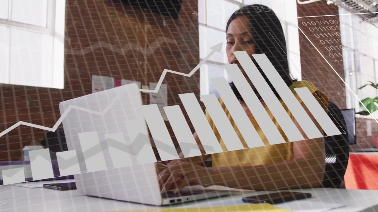 Woman typing on laptop initiating data overlays, shifting into pie and bar charts while analysing