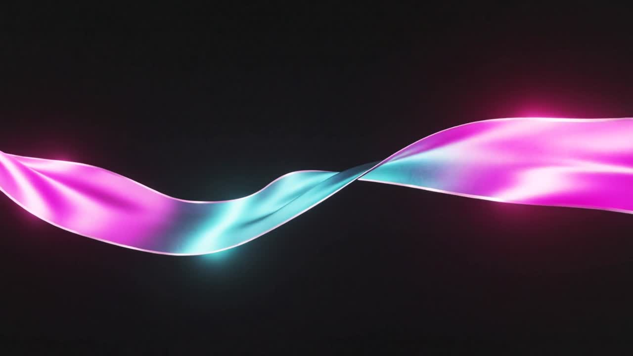 Nastro luminoso ondeggiante che si contorce attraverso un vuoto nero, fotogrammi che iniziano l'inversione magenta ciano.
