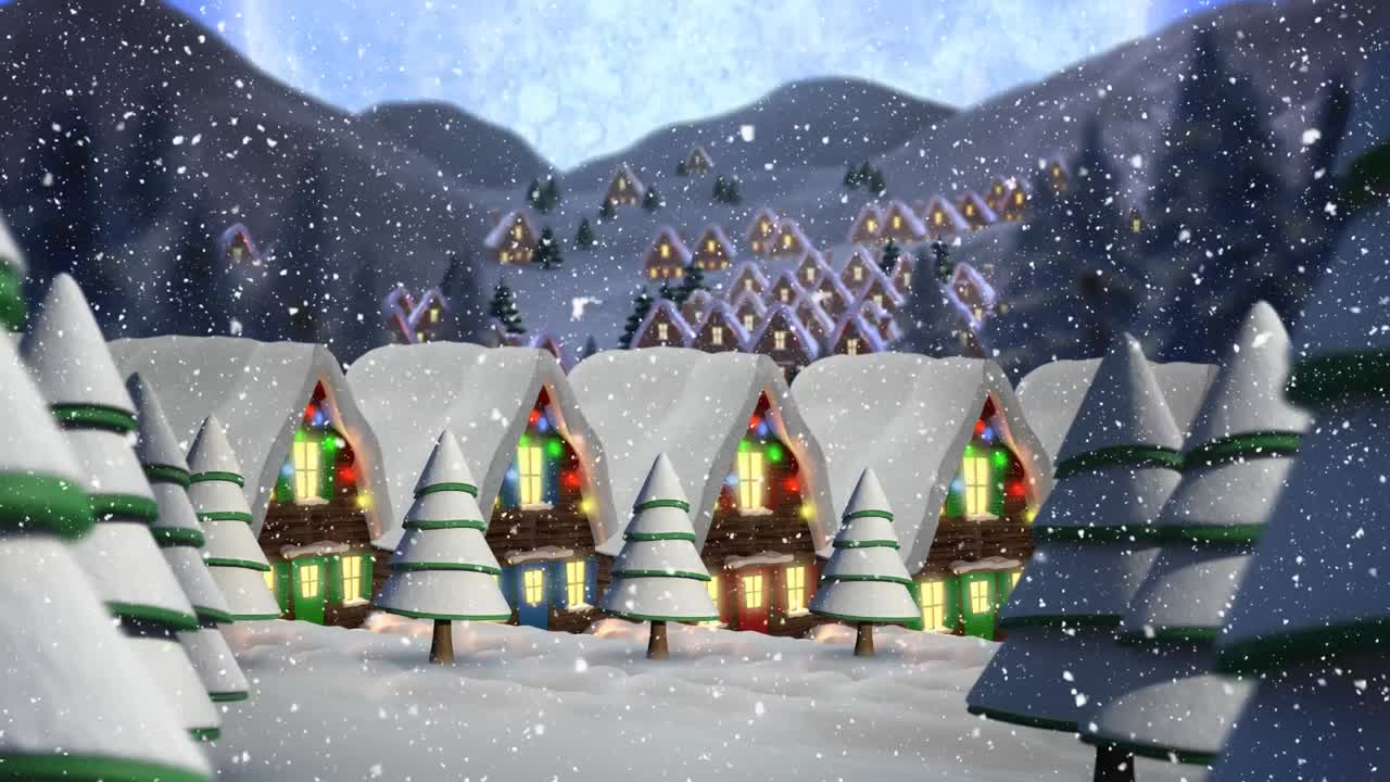 크리스마스 요정 빛과 달로 장식 된 눈으로  ⁇ 인 집 위에 내리는 눈의 애니메이션