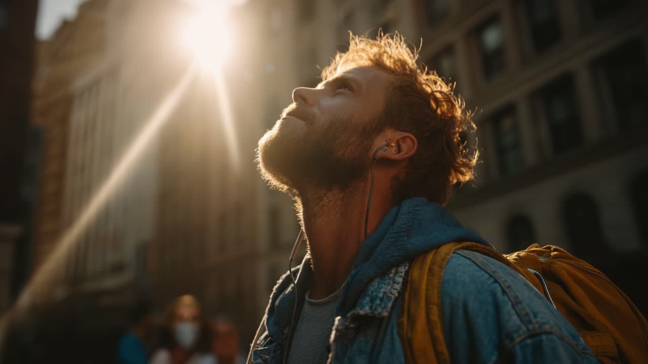 Un giovane si gode un momento di serenità e riflessione nel paesaggio urbano, illuminato dal caldo bagliore del sole al tramonto