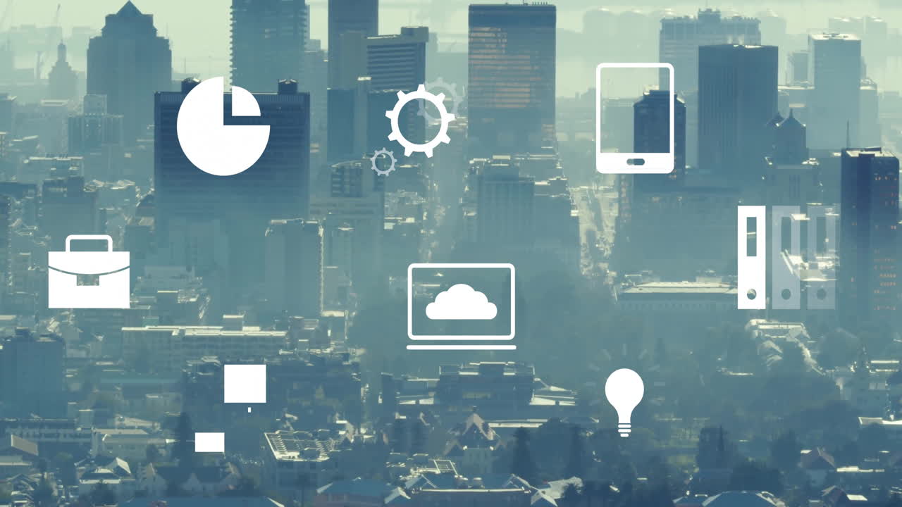 Animation of business icons over cityscape