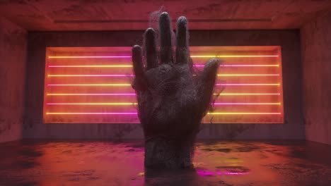 a dark and mysterious hand emerging from liquid in a neon-lit room