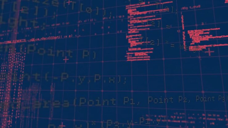 Animation of data processing over grid on blue background