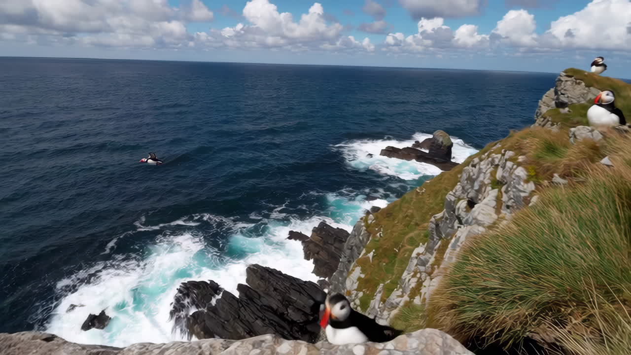 Puffins on a Rocky Coastal Cliff