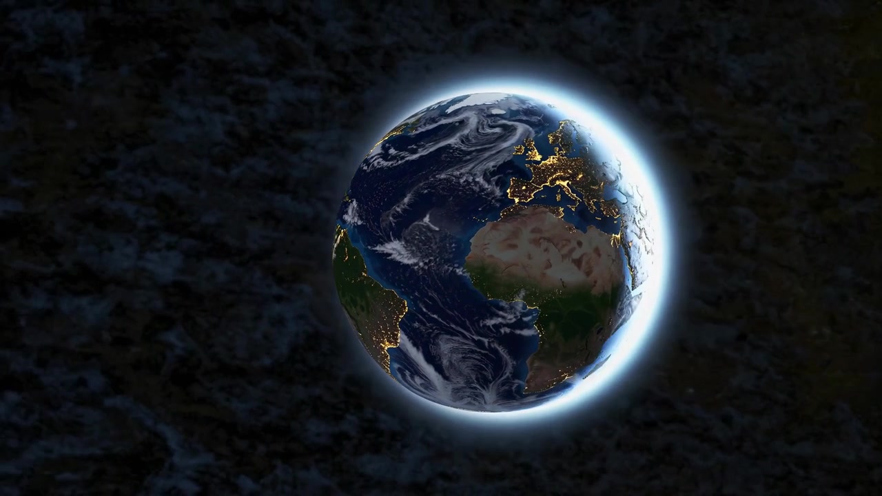 Pianeta Terra che ruota nello spazio con il sole e le luci delle città