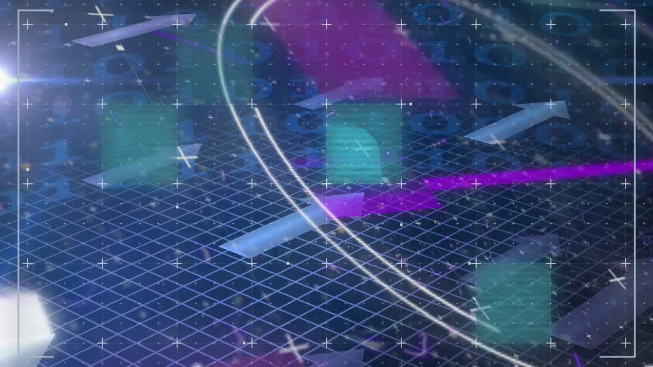 바이너리 코드 위에 원, 화살표 및 렌즈 플레어와 함께 글리치 기법의 애니메이션