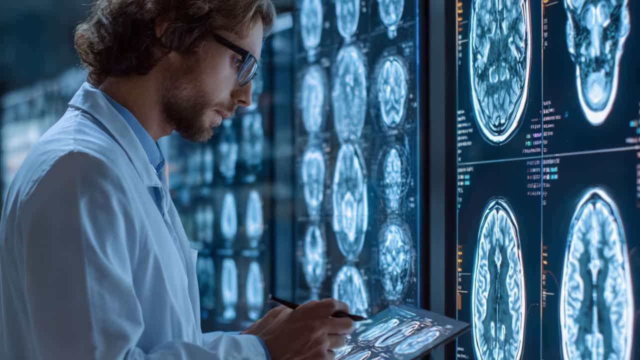 Medical Professional Analyzing Brain Scans on a Tablet in a High-Tech Healthcare Environment with Advanced Imaging Technology