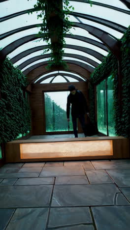 modern greenhouse walkway with illuminated bench