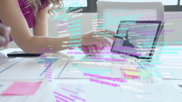 Animazione dell'elaborazione dei dati finanziari su diversi uomini d'affari in ufficio