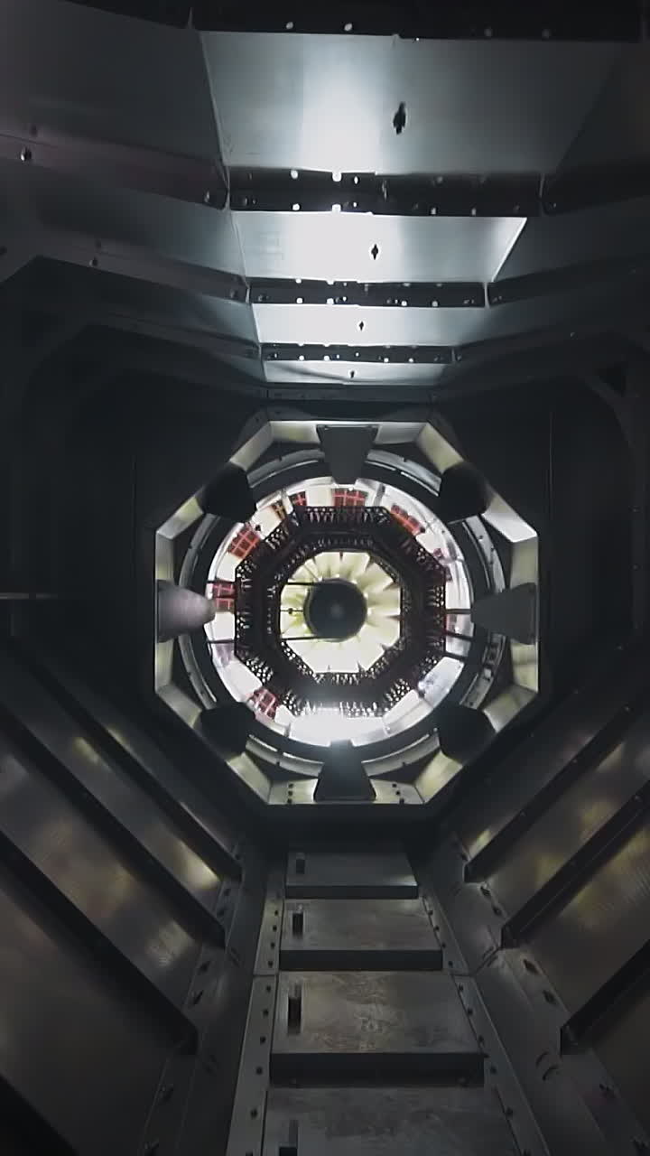 Empty grain dryer metal funnel with rotating fan upper view. Crop wheat and rye cereals processing equipment. Granary improvement and farm industry