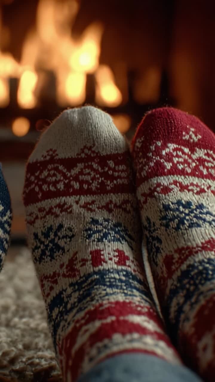 Atmosfera invernale accogliente: primo piano di calze decorative natalizie che si scaldano vicino a un caminetto, evocando comfort e allegria festosa durante la stagione gelida