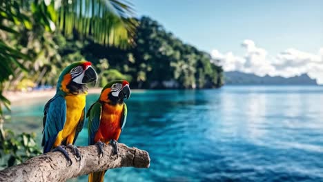 two macaws perched above a tropical beach