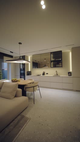 stylish and elegant minimalist home interior featuring clean lines, neutral colors, and warm ambient lighting, creating a cozy and modern atmosphere.