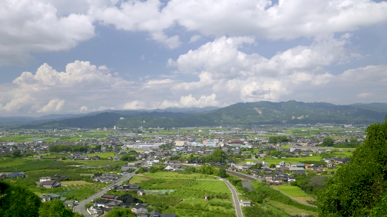 Stunning panorama view over rural Japanese countryside on sunny day
