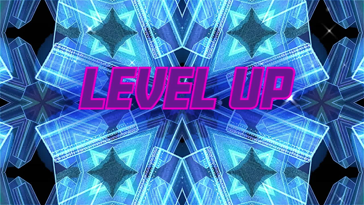 검은색 배경의 파란색 모양 위에 레벨 업 텍스트의 애니메이션
