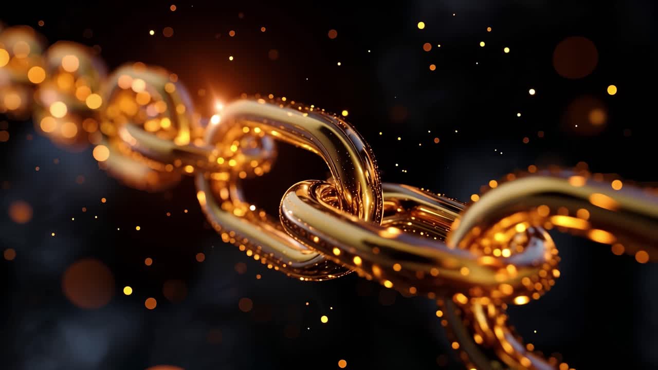 Golden chain glows with radiant energy. Flickering particles swirl around its links. Dark background enhances its brilliance. Ideal for luxury or security concepts. No people or animals appear